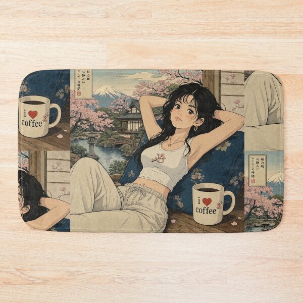 Item preview, Cute anime manga girl reclining with a cup of coffee designed and sold by Vintage Designs +.