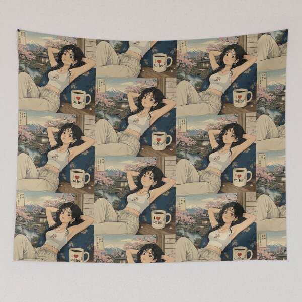 Item preview, Cute anime manga girl reclining with a cup of coffee designed and sold by Vintage Designs +.