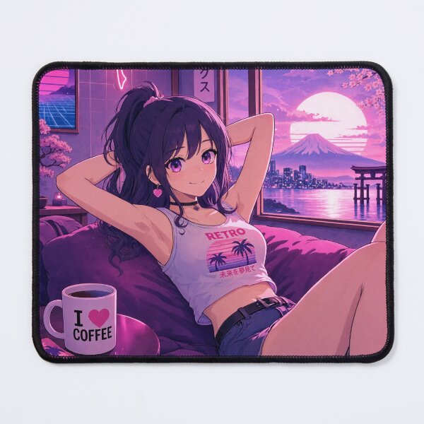 Item preview, Cute anime manga girl reclining with a cup of coffee designed and sold by Vintage Designs +.