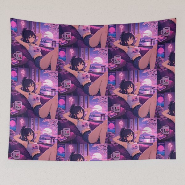 Item preview, Cute anime manga girl reclining with a cup of coffee designed and sold by Vintage Designs +.