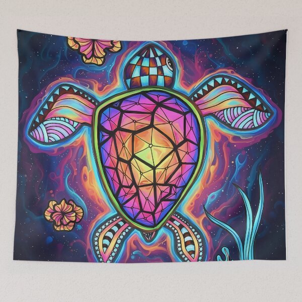 Item preview, Cosmic Sea Turtle - Hand Drawn Psychedelic Neon Nature Art designed and sold by Tafera.