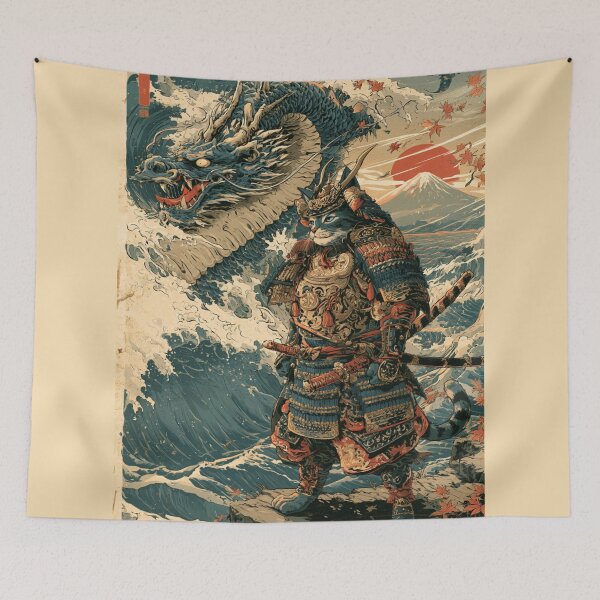 Item preview, Samurai Cat and Dragon Japanese Ukiyo-e Woodblock Art designed and sold by GrinGalore.