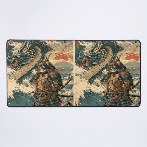 Item preview, Samurai Cat and Dragon Japanese Ukiyo-e Woodblock Art designed and sold by GrinGalore.