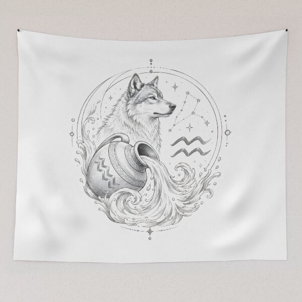 Item preview, Aquarius Wolf Water Bearer Line Art designed and sold by Zodiac Celestial Art.
