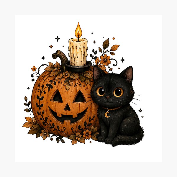 Item preview, Black Cat & Candlelight Pumpkin designed and sold by DustyCuriositie.