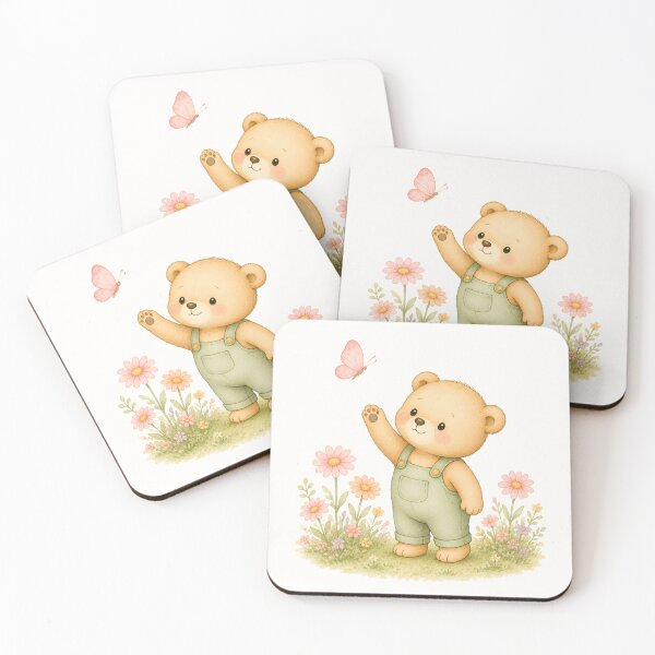 Item preview, Cute Teddy Bear Waving at Butterfly | Spring Flower Garden Bear designed and sold by looplandger.