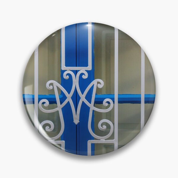 Item preview, Blue Window With Decorative White Wrought Iron Grille and Vertical Bars on Cream Wall designed and sold by Nmallia.