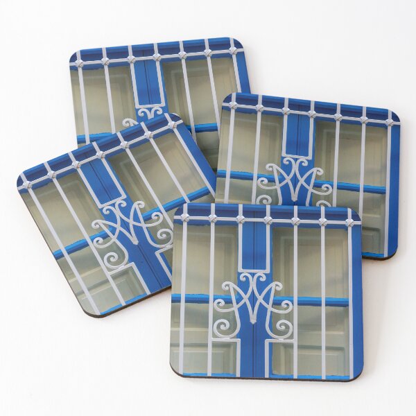 Item preview, Blue Window With Decorative White Wrought Iron Grille and Vertical Bars on Cream Wall designed and sold by Nmallia.