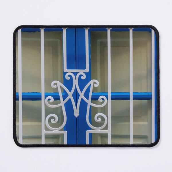 Item preview, Blue Window With Decorative White Wrought Iron Grille and Vertical Bars on Cream Wall designed and sold by Nmallia.
