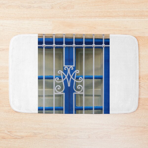 Item preview, Blue Window With Decorative White Wrought Iron Grille and Vertical Bars on Cream Wall designed and sold by Nmallia.