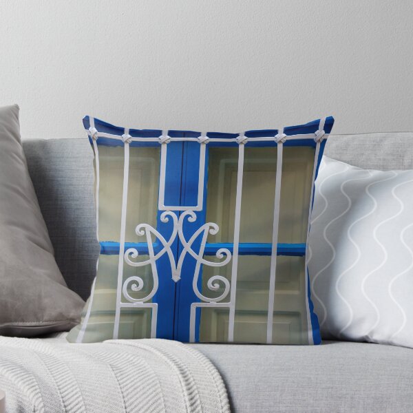 Item preview, Blue Window With Decorative White Wrought Iron Grille and Vertical Bars on Cream Wall designed and sold by Nmallia.