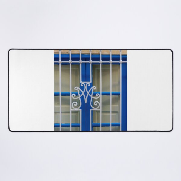 Item preview, Blue Window With Decorative White Wrought Iron Grille and Vertical Bars on Cream Wall designed and sold by Nmallia.
