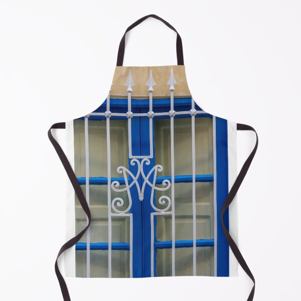Item preview, Blue Window With Decorative White Wrought Iron Grille and Vertical Bars on Cream Wall designed and sold by Nmallia.