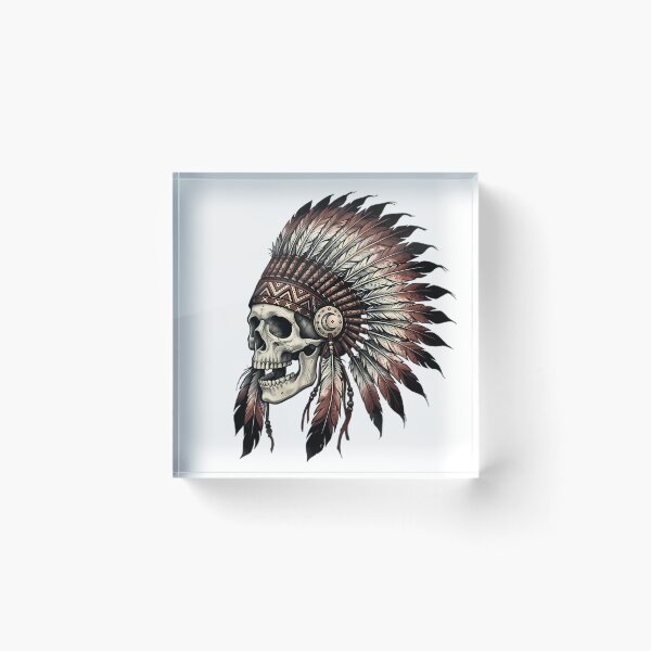 Item preview, Skull Wearing Feathered War Bonnet Headdress designed and sold by Linework Studio.
