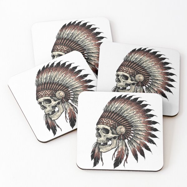 Item preview, Skull Wearing Feathered War Bonnet Headdress designed and sold by Linework Studio.
