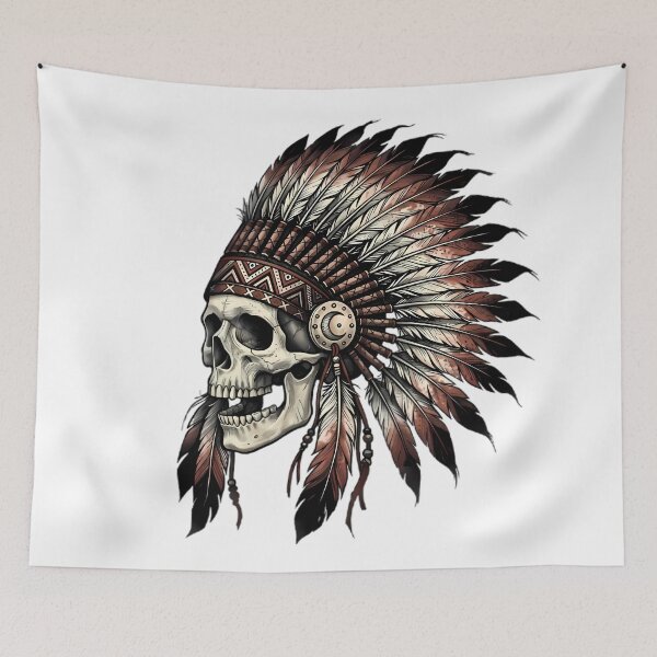 Item preview, Skull Wearing Feathered War Bonnet Headdress designed and sold by Linework Studio.