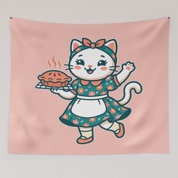 Item preview, Happy Baker Cat: Teal Floral Dress & Fresh Pie designed and sold by CuteKats.