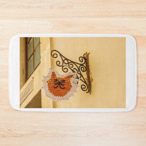 Item preview, Handmade Crochet Cat Shop Sign Hanging From Vintage Wrought Iron Bracket On Yellow Wall designed and sold by Nmallia.
