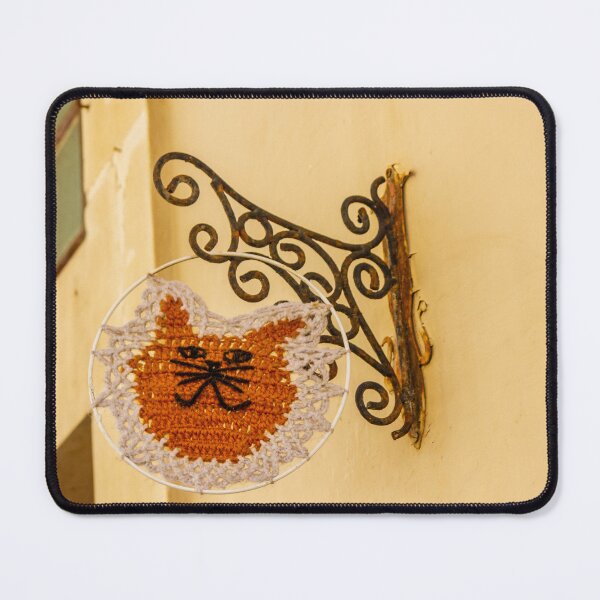 Item preview, Handmade Crochet Cat Shop Sign Hanging From Vintage Wrought Iron Bracket On Yellow Wall designed and sold by Nmallia.