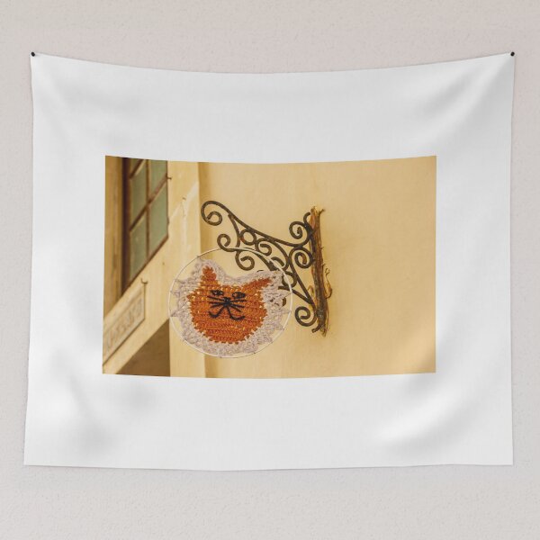 Item preview, Handmade Crochet Cat Shop Sign Hanging From Vintage Wrought Iron Bracket On Yellow Wall designed and sold by Nmallia.