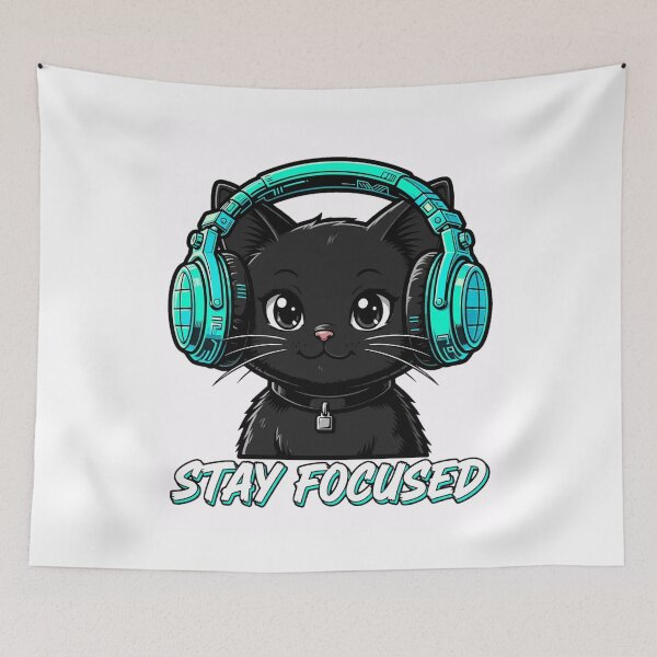 Item preview, Stay Focused Black Cat With Headphones - Cute Neon Cyber Aesthetic designed and sold by Fulaly.