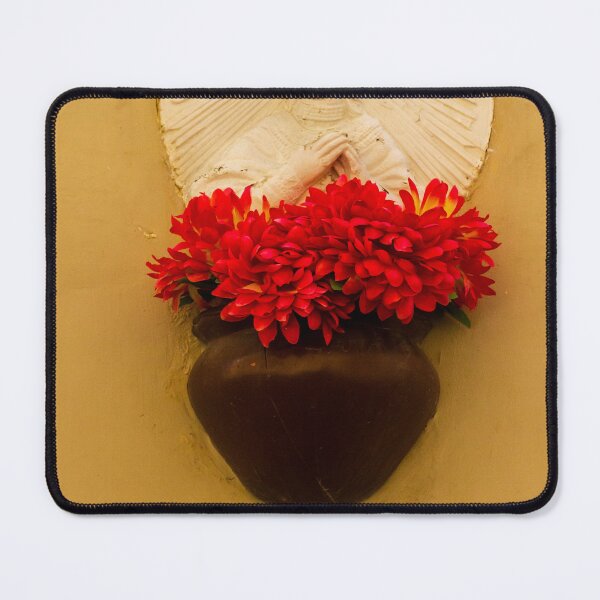 Item preview, White Religious Wall Statue With Vibrant Red Flowers in Brown Vase on Yellow Wall designed and sold by Nmallia.