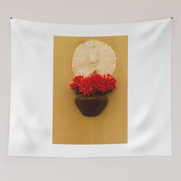 Item preview, White Religious Wall Statue With Vibrant Red Flowers in Brown Vase on Yellow Wall designed and sold by Nmallia.