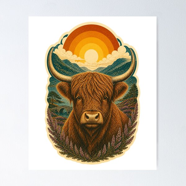 Item preview, Highland Cow in the Heather Valley Wild Animal Vintage Engraving Art designed and sold by VisualArtsOasis.