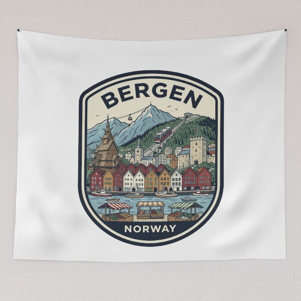 Item preview, Retro Bergen Norway Bryggen Houses Funicular Harbor designed and sold by k3rstman1.