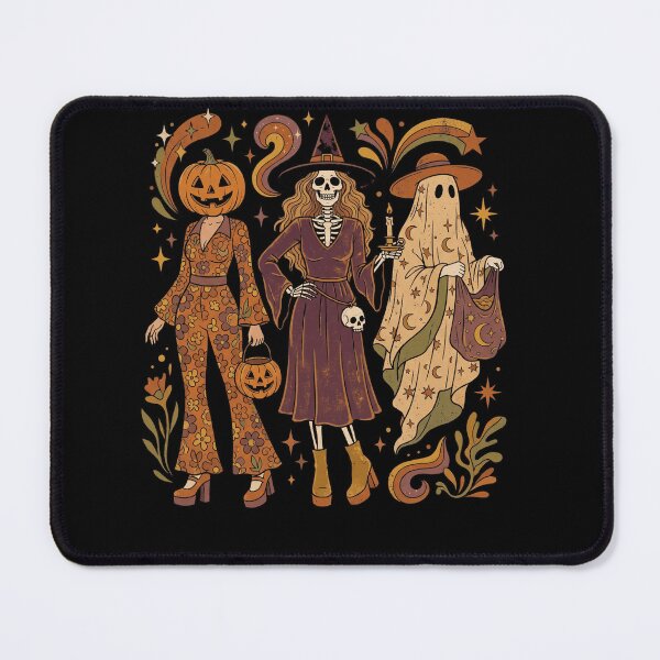 Item preview, Groovy Retro Halloween Trio Pumpkin Head Skeleton Witch and Ghost 70s Spooky Season designed and sold by ArcaneArtistry.