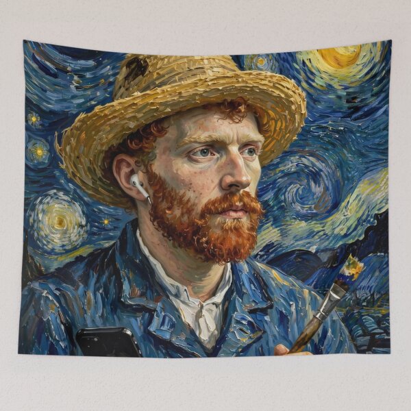 Item preview, Starry Night Selfie - Modern Painter with Earbud designed and sold by Surviving Monday Club.