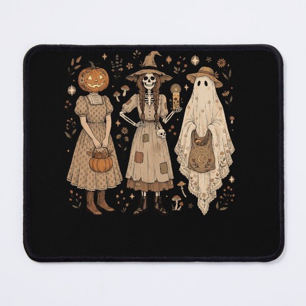 Item preview, Vintage Cottagecore Halloween Trio Pumpkin Head Skeleton Witch and Ghost designed and sold by ArcaneArtistry.