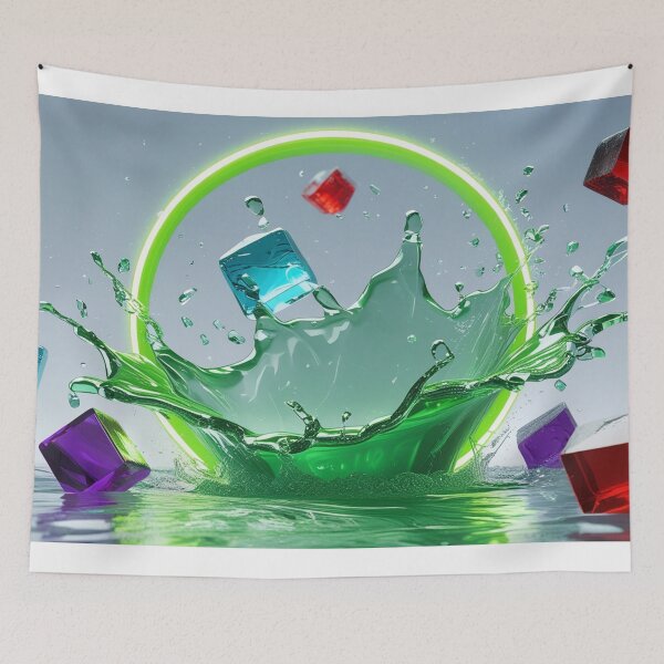 Item preview, Neon Green Water Splash with Colorful Glass Cubes and Glowing Circle. designed and sold by fbtrisha.