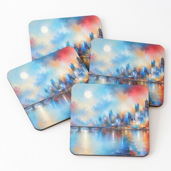 Item preview, Full Moon Over Vibrant City Skyline - Urban Painting designed and sold by Joey Santiago.