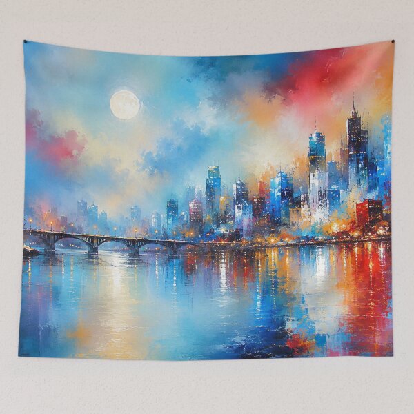 Item preview, Full Moon Over Vibrant City Skyline - Urban Painting designed and sold by Joey Santiago.