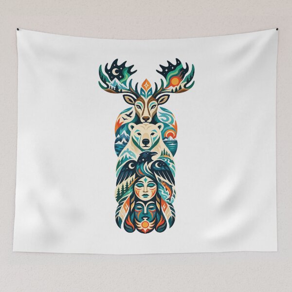 Item preview, Northern Totem Caribou Polar Bear Raven designed and sold by Wild Creative Art.