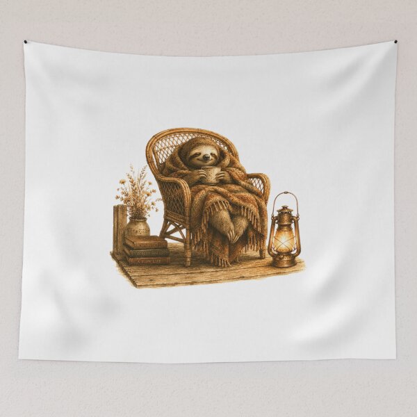 Item preview, Hygge Sloth Wicker Chair Cozy Blanket Tea Time designed and sold by AQUILAKREO.