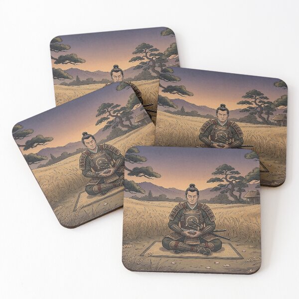 Item preview, Samurai meditating at sunset in a wheat field designed and sold by StyleArtStudio.