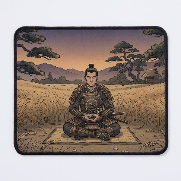 Item preview, Samurai meditating at sunset in a wheat field designed and sold by StyleArtStudio.