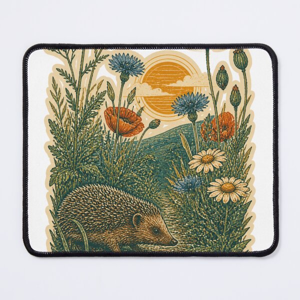 Item preview, Hedgehog in the Wildflower Meadow Wild Animal Retro Outdoors Art designed and sold by VisualArtsOasis.