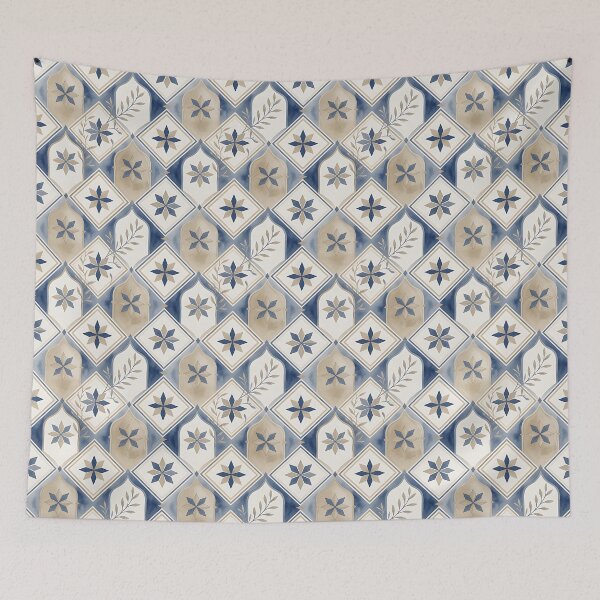Item preview, Blue and Beige Mediterranean Floral Tile Pattern designed and sold by HappyOops.