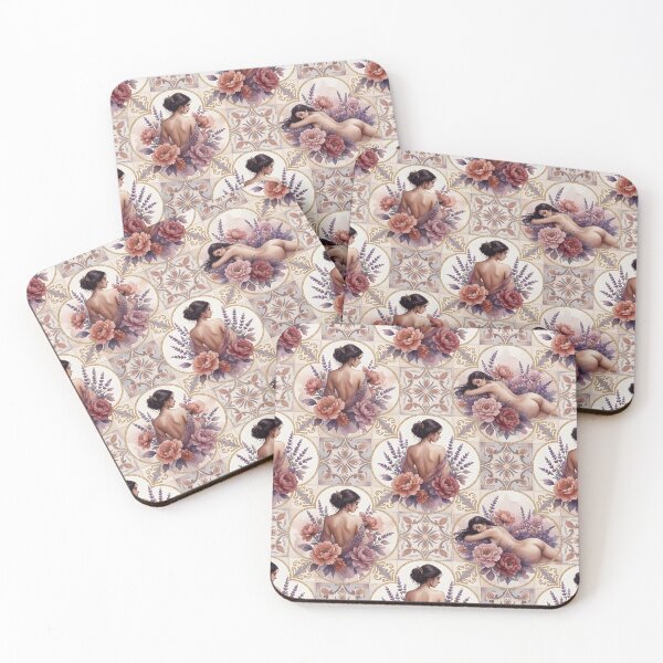 Item preview, Vintage Art Nouveau Nude Women & Floral Tile Pattern designed and sold by HappyOops.
