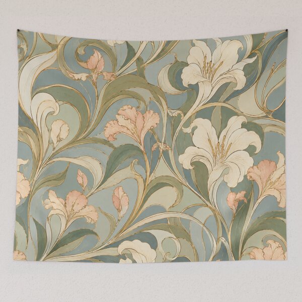 Item preview, Art Nouveau Lily Botanical Pattern Vintage Sage Floral designed and sold by QCena.