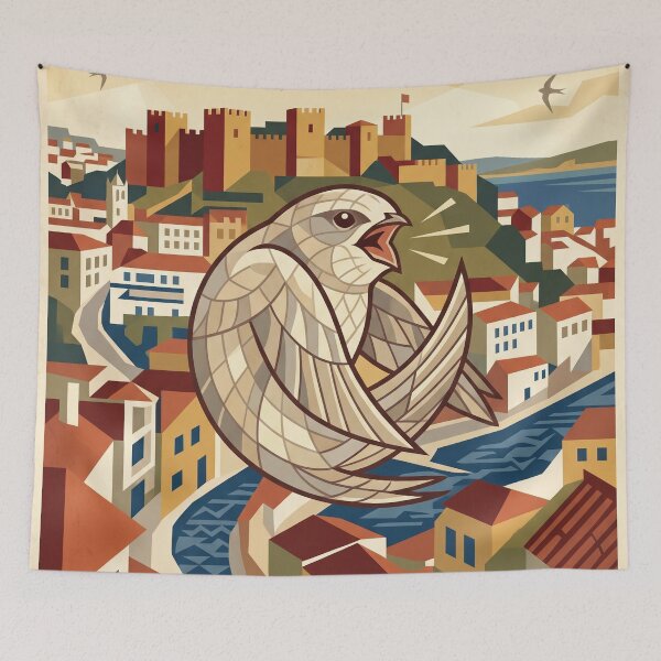 Item preview, LISBOA Vintage Travel Illustration - Geometric Swallow Calling in a Coastal Capital designed and sold by ZUMERI.