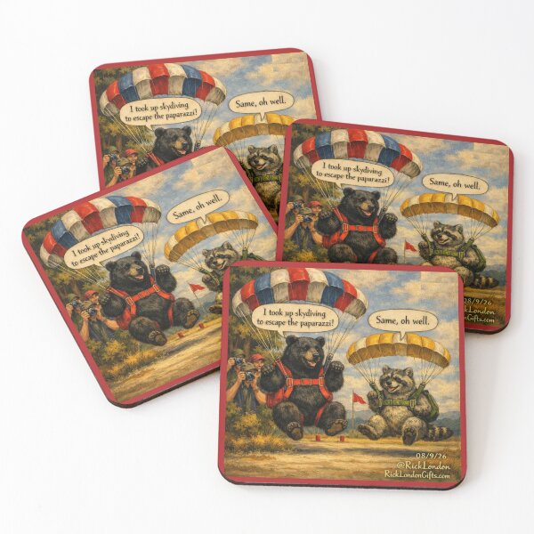 Item preview, Bear & Raccoon Parachute Adventure – Funny Animal Cartoon designed and sold by Rick London Gifts.
