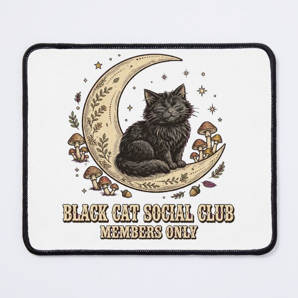 Item preview, Black Cat Social Club Members Only - Cute Cottagecore Witchy Cat on Moon with Mushrooms designed and sold by PrettyCrypt.