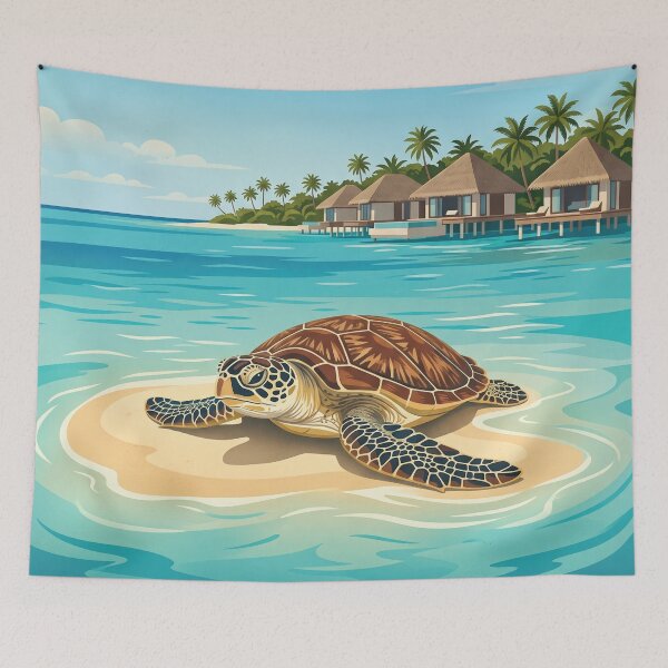 Item preview, NORTH MALÉ ATOLL Vintage Travel Illustration - Shelled Turtle Resting on a Sandy Shoal designed and sold by ZUMERI.
