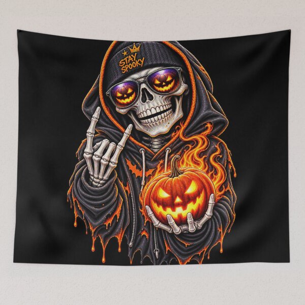 Item preview, Stay Spooky Skeleton Halloween Art – Flaming Pumpkin Gothic Streetwear Design designed and sold by Emoji Emblems.