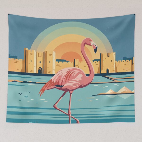 Item preview, LA CAMARGUE Vintage Travel Illustration - Graceful Flamingo Standing in a Coastal Marsh designed and sold by ZUMERI.