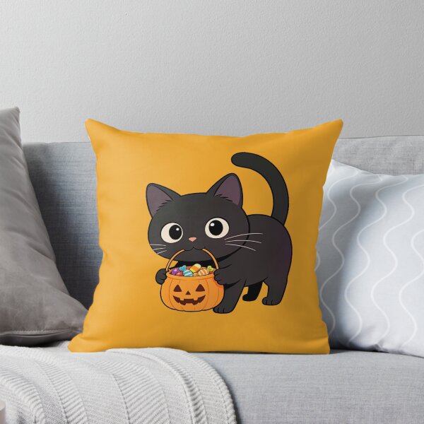 Item preview, Black Cat Carrying a Pumpkin Full of Halloween Candy designed and sold by OksArtStudio.